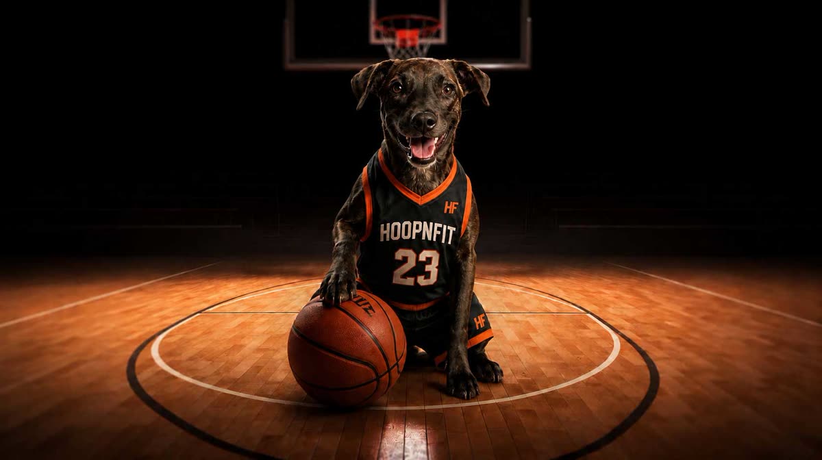 Brownie, le chien mascotte, en maillot Hoop N'Fit numéro 23